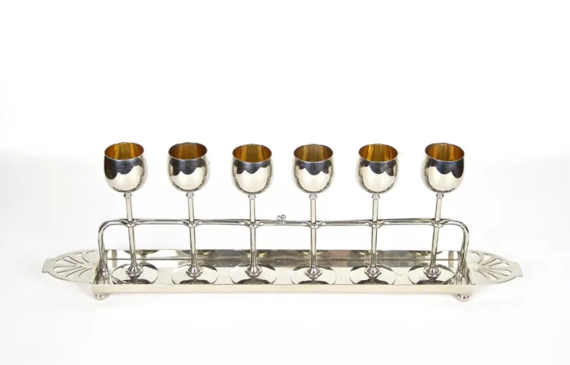 Pamono Art Nouveau Gilt Liquor Set from WMF, Germany, 1910s, Set of 7> Glassware