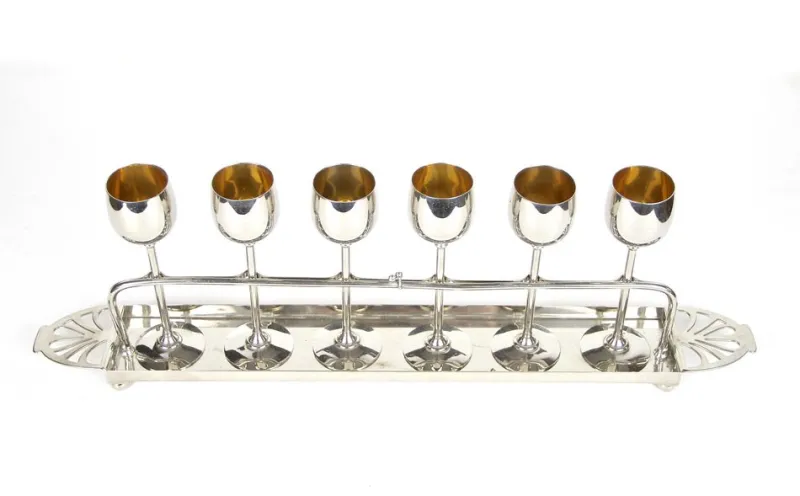Pamono Art Nouveau Gilt Liquor Set from WMF, Germany, 1910s, Set of 7> Glassware