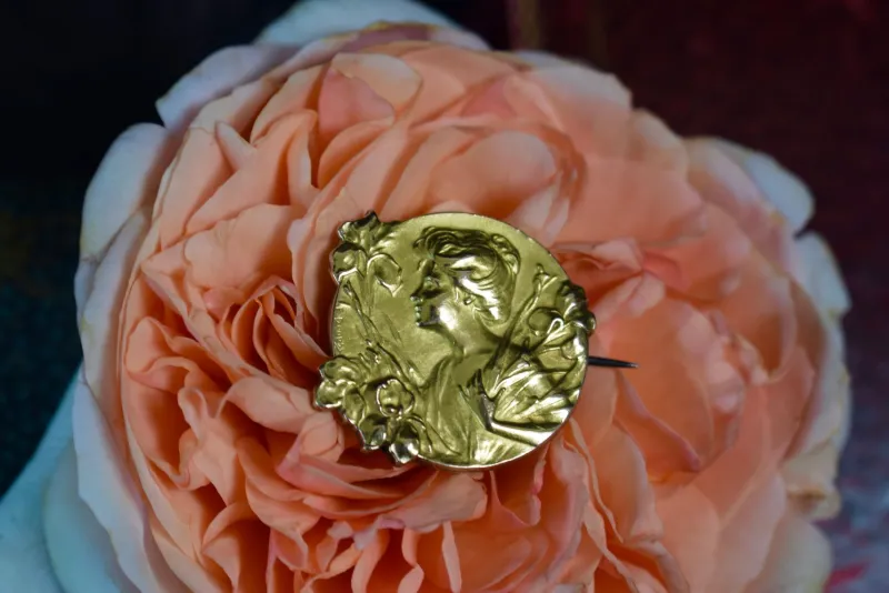 Pamono Art Nouveau Gold-Plated Brooch by Edropsy for Maison Savard, 1903> Brooches