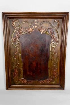 Pamono Art Nouveau La Fontaines Fable Panel with The Crow and the Fox Motif in Repoussé Leather and Dinanderie, 1890s> Architectural Elements