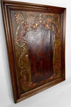 Pamono Art Nouveau La Fontaines Fable Panel with The Crow and the Fox Motif in Repoussé Leather and Dinanderie, 1890s> Architectural Elements