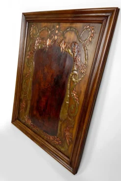Pamono Art Nouveau La Fontaines Fable Panel with The Crow and the Fox Motif in Repoussé Leather and Dinanderie, 1890s><noscript><img width=