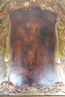 Pamono Art Nouveau La Fontaines Fable Panel with The Crow and the Fox Motif in Repoussé Leather and Dinanderie, 1890s><noscript><img width=