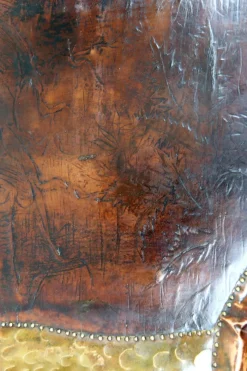 Pamono Art Nouveau La Fontaines Fable Panel with The Crow and the Fox Motif in Repoussé Leather and Dinanderie, 1890s><noscript><img width=