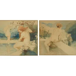 Pamono Art Nouveau Nude Watercolor Paintings by A. Crommen, 1918, Set of 2> Art Nouveau