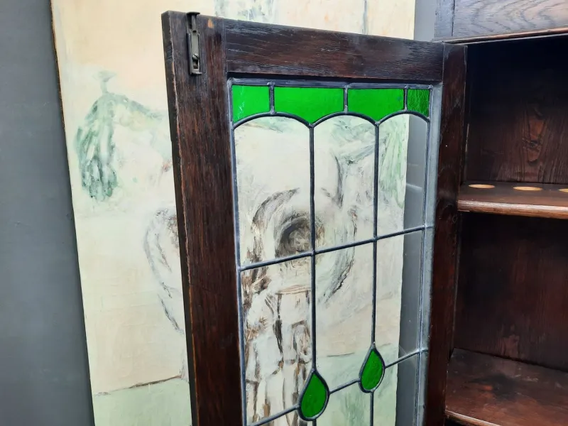 Pamono Art Nouveau Oak and Tiffany Glass Display Cabinet, 1910s