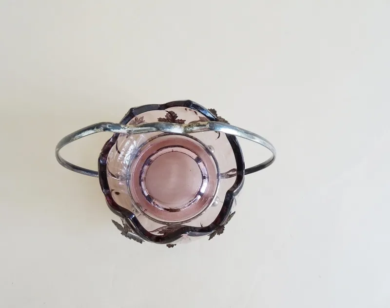 Pamono Art Nouveau Silver-Plated Sugar Bowl with Handle & Purple Glass Insert