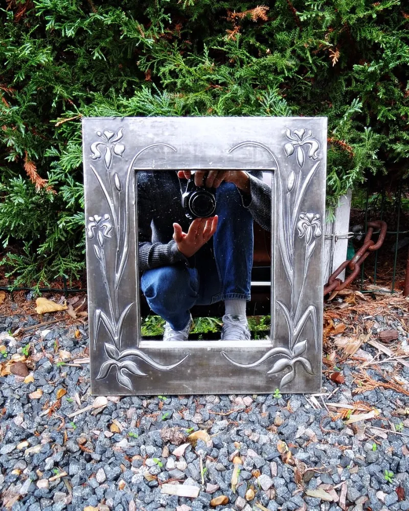 Online Pamono Art Nouveau Style Hand-Embossed Tin Wall Mirror, 1970s