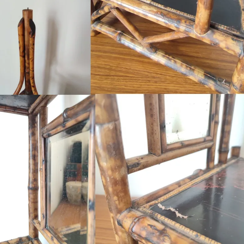 Pamono Art Nouveau Tiger Bamboo Corner Etagere with Mirror and Chinoiserie, 1890s> Shelves & Wall Units