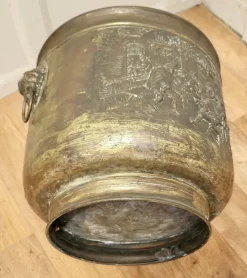 Best Pamono Arts and Crafts Brass Coal Bin with Tavern Scenes, 1900s