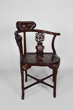 Pamono Asian Carved Inlaid Wood Armchairs, Early 20th Century, Set of 4><noscript><img width=