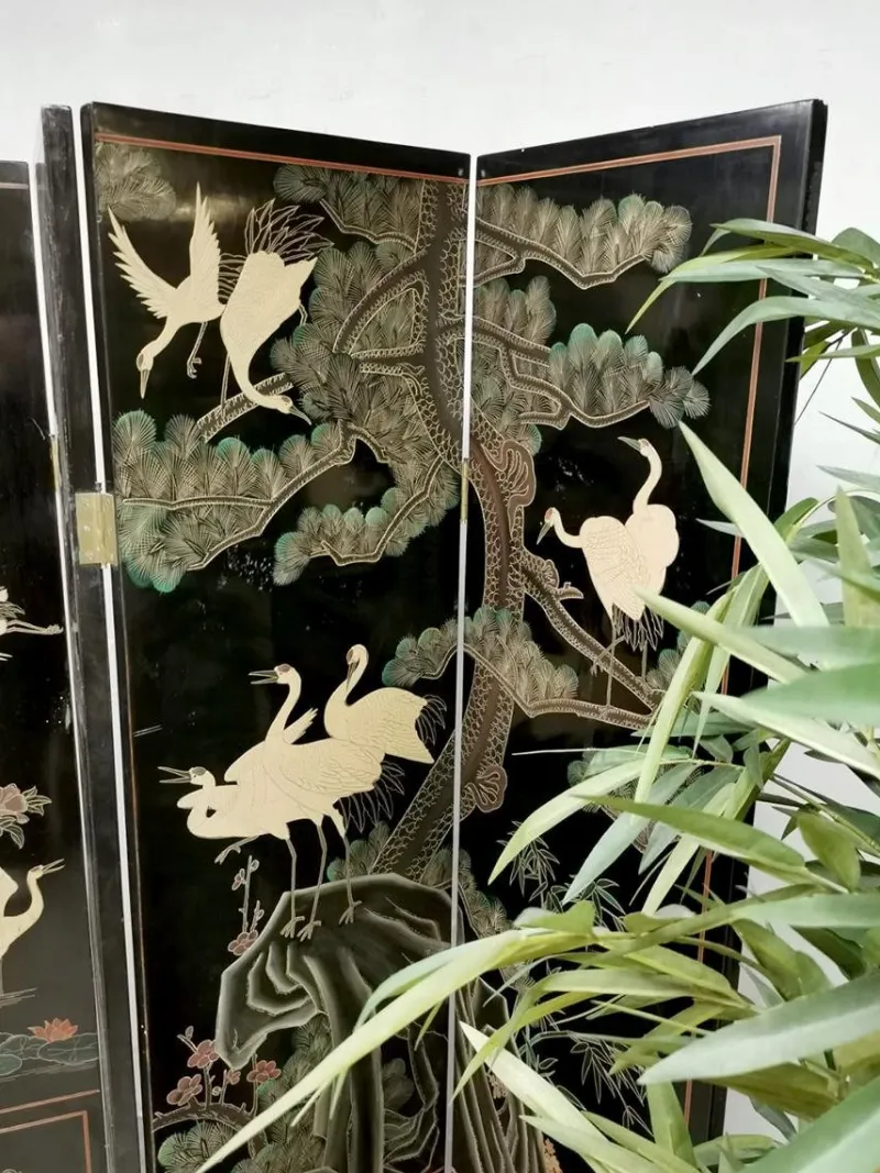 Clearance Pamono Asian Lacquered Room Divider Depicting Crane Birds