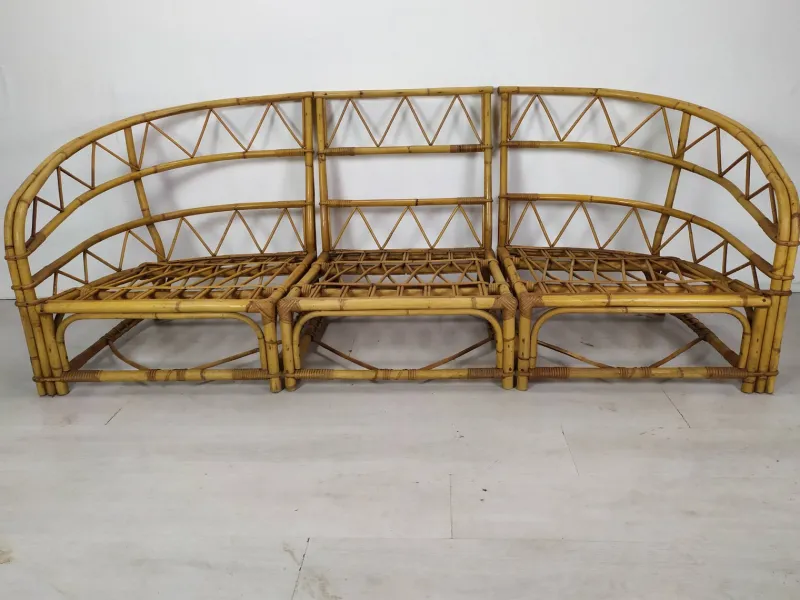 Discount Pamono Audoux Rattan Living Room Modular Bench by Adrien Audoux & Frida Minet, 1960s, Set of 3