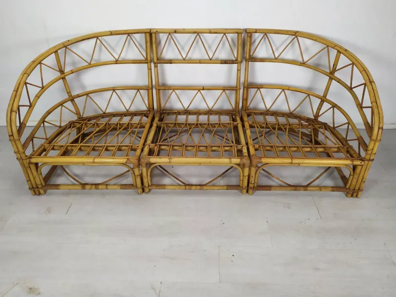 Discount Pamono Audoux Rattan Living Room Modular Bench by Adrien Audoux & Frida Minet, 1960s, Set of 3