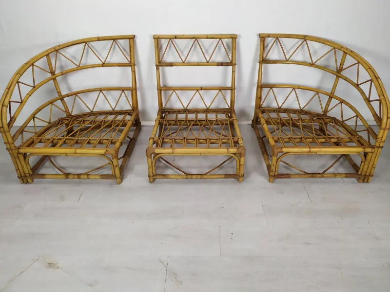 Discount Pamono Audoux Rattan Living Room Modular Bench by Adrien Audoux & Frida Minet, 1960s, Set of 3