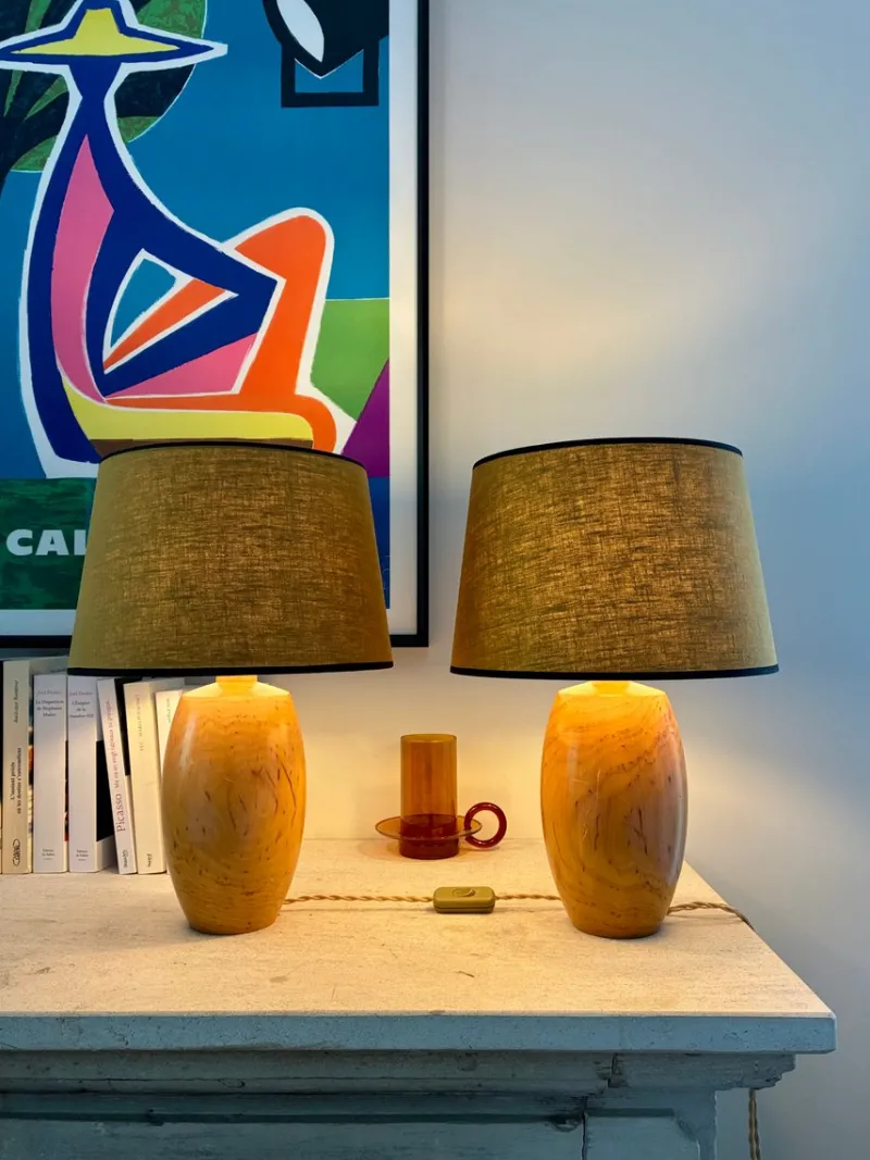 Pamono Autumn Wooden Lamps, 1970, Set of 2> Table Lamps