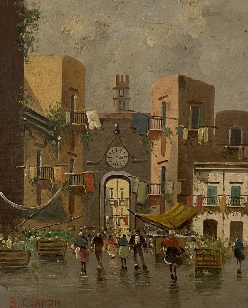 Sale Pamono B. Ciappa, Place du village animée, Oil on Canvas