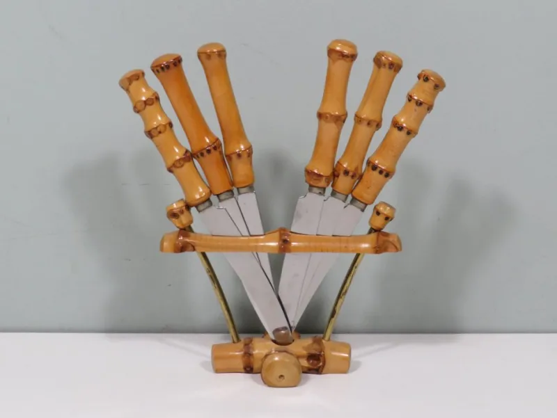 Discount Pamono Bamboo Fruit Cutlery in Holder, Solingen, Germany, 1950s