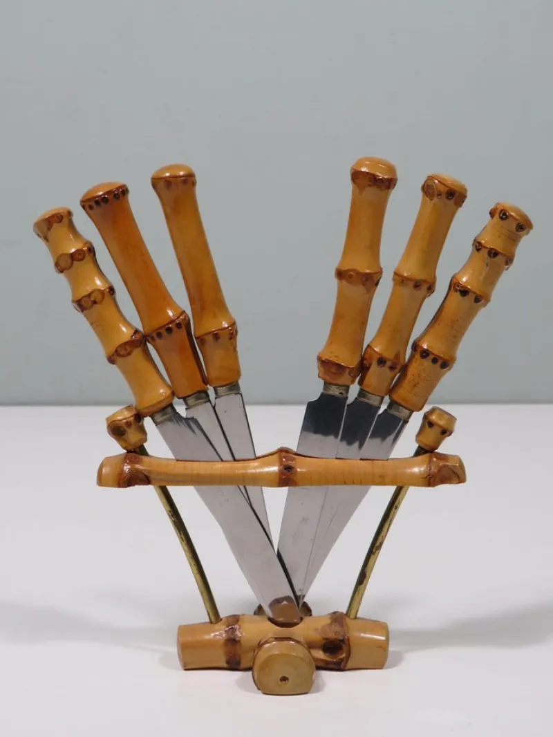 Discount Pamono Bamboo Fruit Cutlery in Holder, Solingen, Germany, 1950s