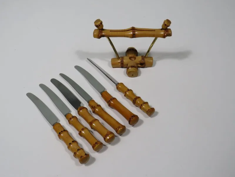 Discount Pamono Bamboo Fruit Cutlery in Holder, Solingen, Germany, 1950s