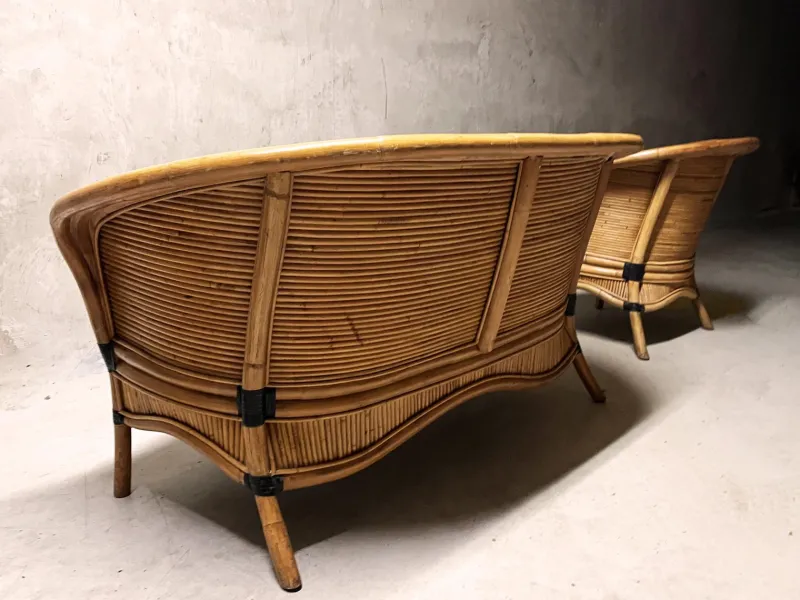 Pamono Bamboo Rattan Lounge Chairs from Rausch, Set of 3> Garden Seating