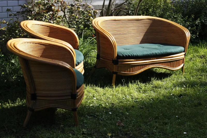 Pamono Bamboo Rattan Lounge Chairs from Rausch, Set of 3> Garden Seating