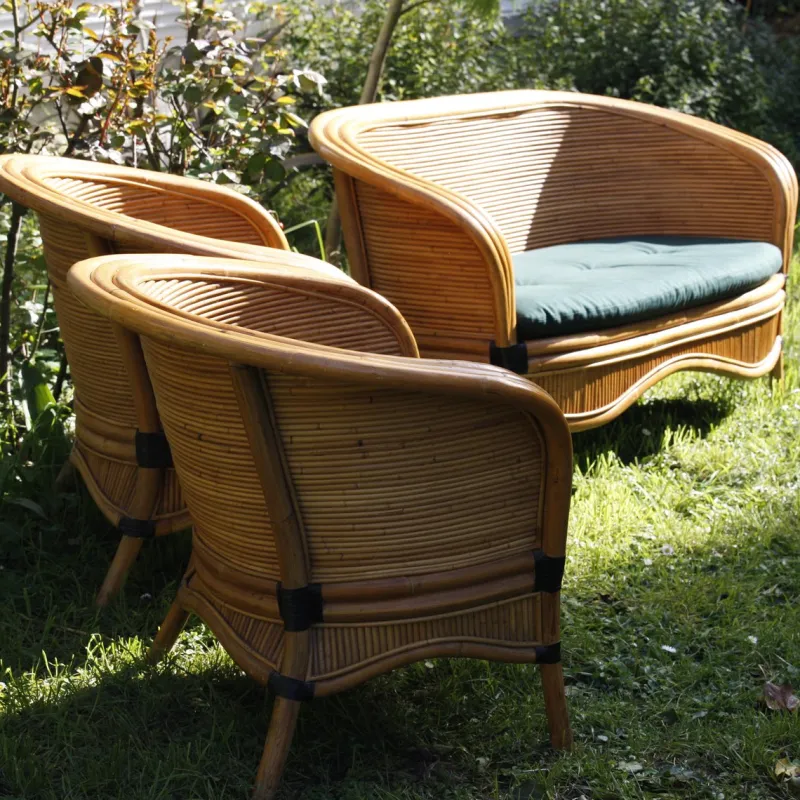 Pamono Bamboo Rattan Lounge Chairs from Rausch, Set of 3> Garden Seating