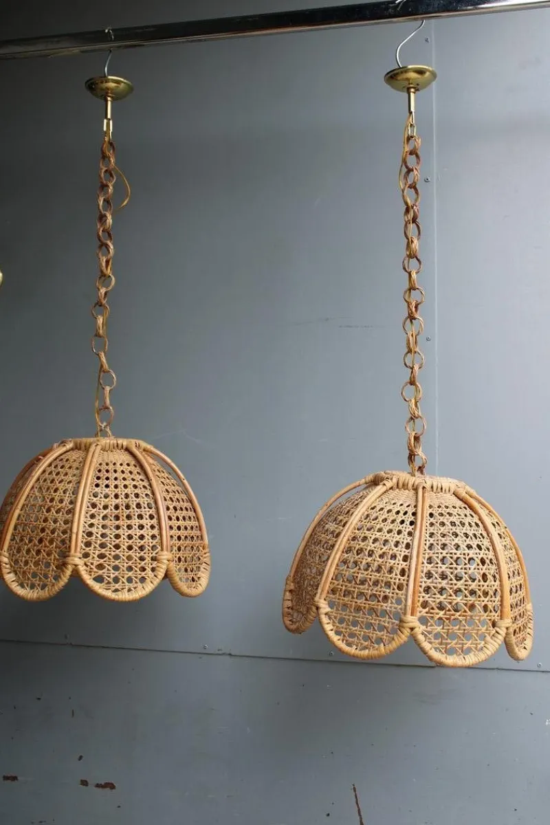 Pamono Bamboo, Straw and Brass Pendants, Italy, 1970s, Set of 2> Ceiling Lights