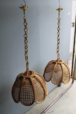 Pamono Bamboo, Straw and Brass Pendants, Italy, 1970s, Set of 2> Ceiling Lights
