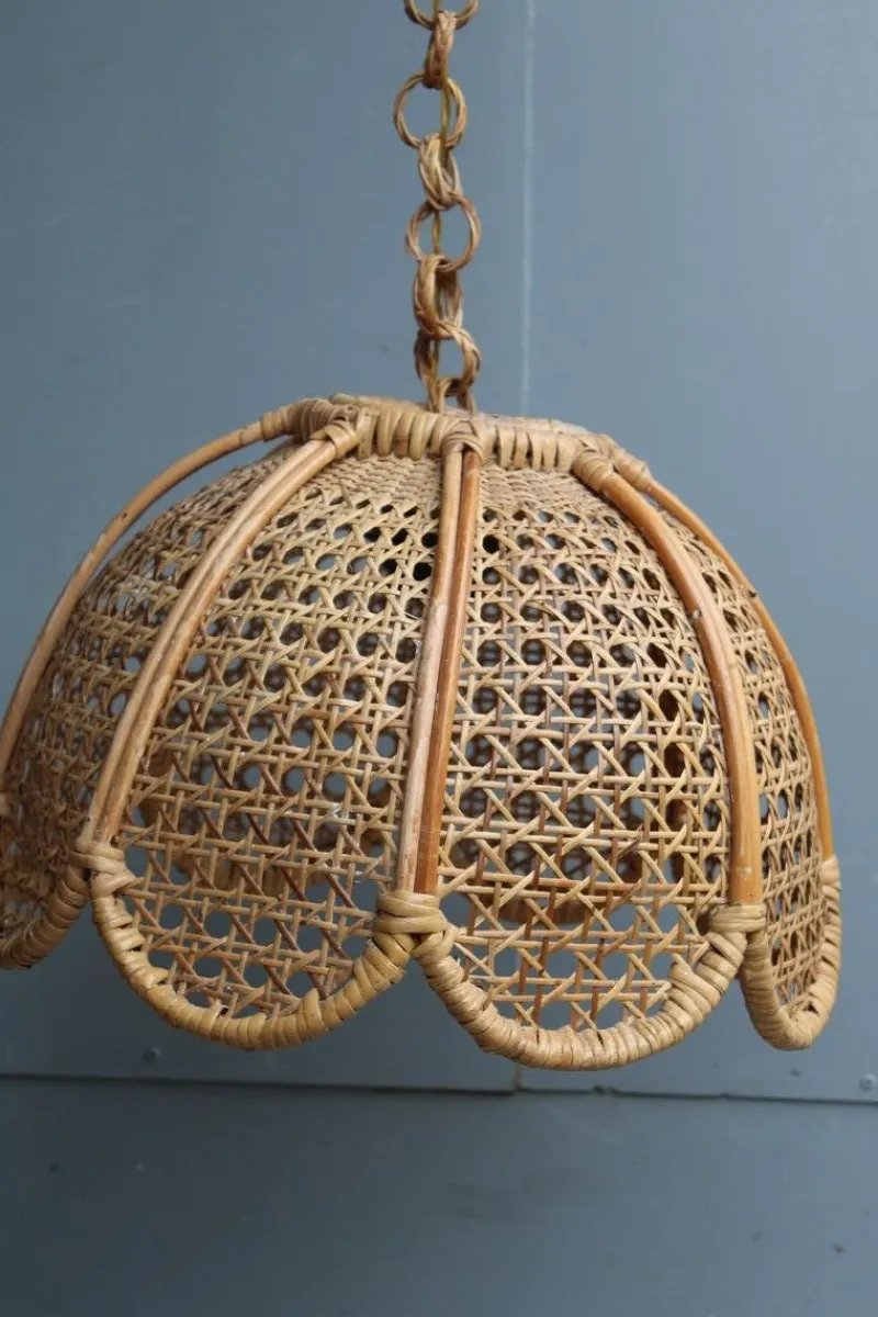 Pamono Bamboo, Straw and Brass Pendants, Italy, 1970s, Set of 2> Ceiling Lights