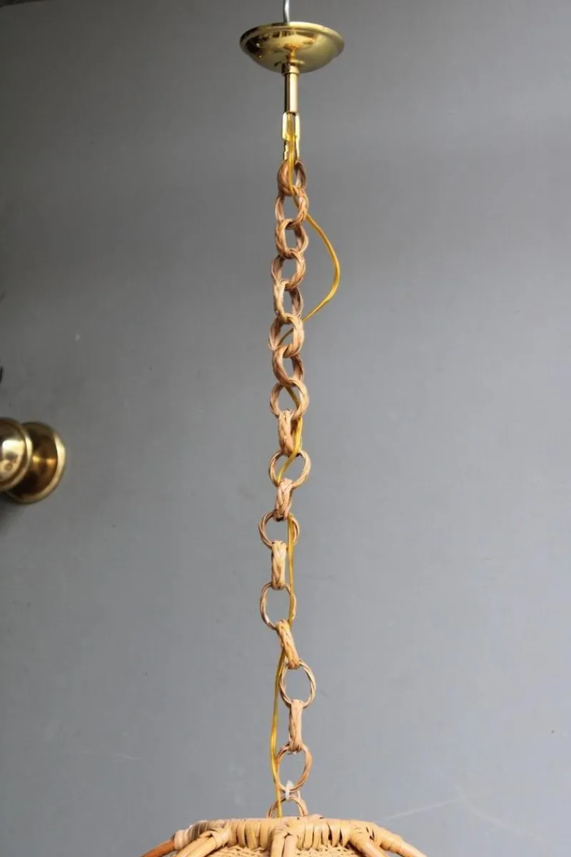 Pamono Bamboo, Straw and Brass Pendants, Italy, 1970s, Set of 2> Ceiling Lights