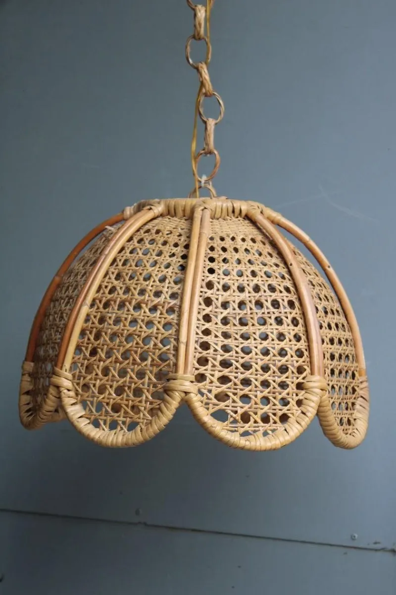 Pamono Bamboo, Straw and Brass Pendants, Italy, 1970s, Set of 2> Ceiling Lights
