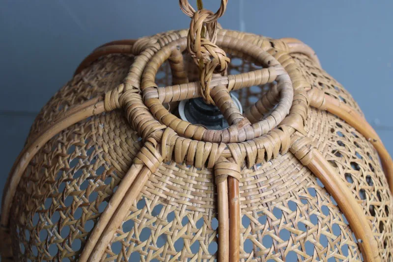 Pamono Bamboo, Straw and Brass Pendants, Italy, 1970s, Set of 2> Ceiling Lights