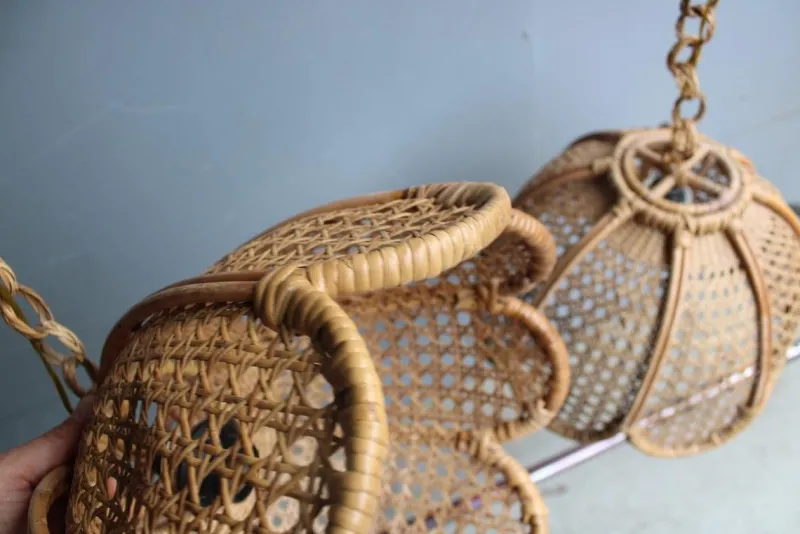 Pamono Bamboo, Straw and Brass Pendants, Italy, 1970s, Set of 2> Ceiling Lights
