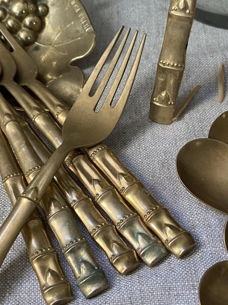 Sale Pamono Bamboo Style Serving Cutlery in Nickel-Plated Bronze, 1960s, Set of 25