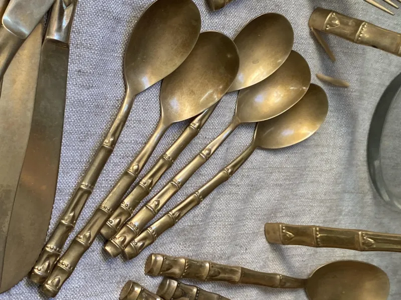 Sale Pamono Bamboo Style Serving Cutlery in Nickel-Plated Bronze, 1960s, Set of 25