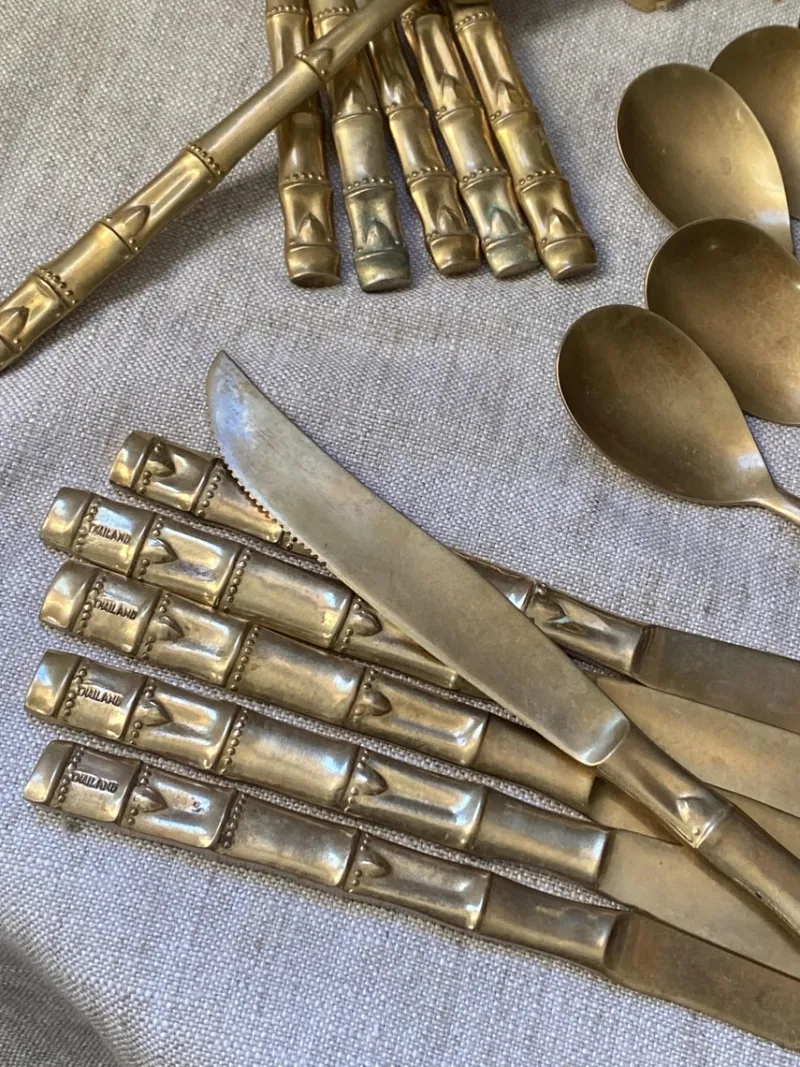 Sale Pamono Bamboo Style Serving Cutlery in Nickel-Plated Bronze, 1960s, Set of 25