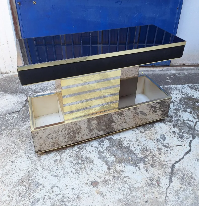 Pamono Bar Cabinet in Wood, Brass and Mirrored Glass from Stilglass Donati, Italy, 1970s> Worktables & Workbenches