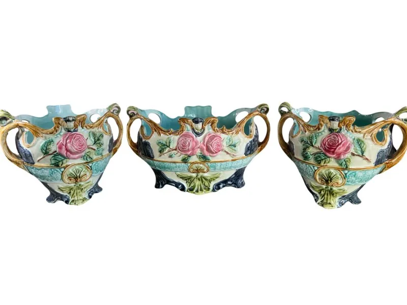 Pamono Barbotine Jardinieres from Onnaing, France, 1890, Set of 3> Planters And Jardiniere