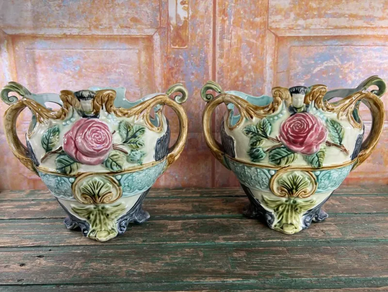 Pamono Barbotine Jardinieres from Onnaing, France, 1890, Set of 3> Planters And Jardiniere