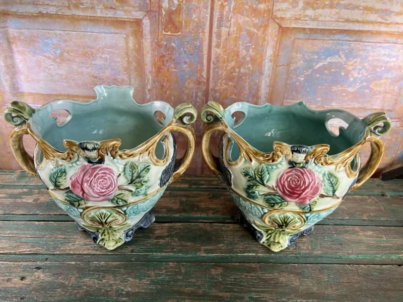 Pamono Barbotine Jardinieres from Onnaing, France, 1890, Set of 3> Planters And Jardiniere