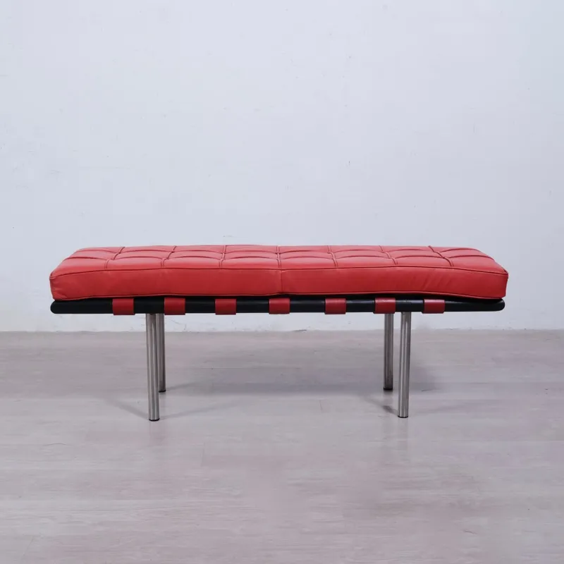 Sale Pamono Barcellona 3-Seater Bench in Red Leather, Wooden Base and Steel Legs