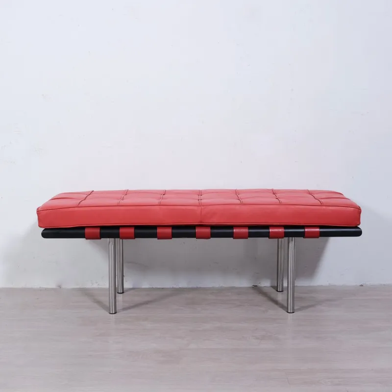 Sale Pamono Barcellona 3-Seater Bench in Red Leather, Wooden Base and Steel Legs