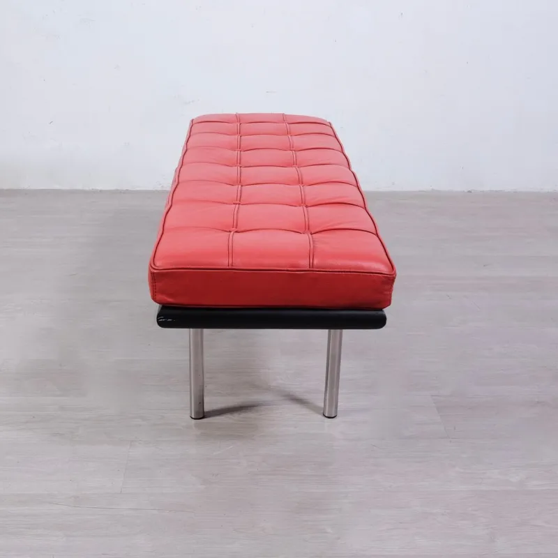 Sale Pamono Barcellona 3-Seater Bench in Red Leather, Wooden Base and Steel Legs