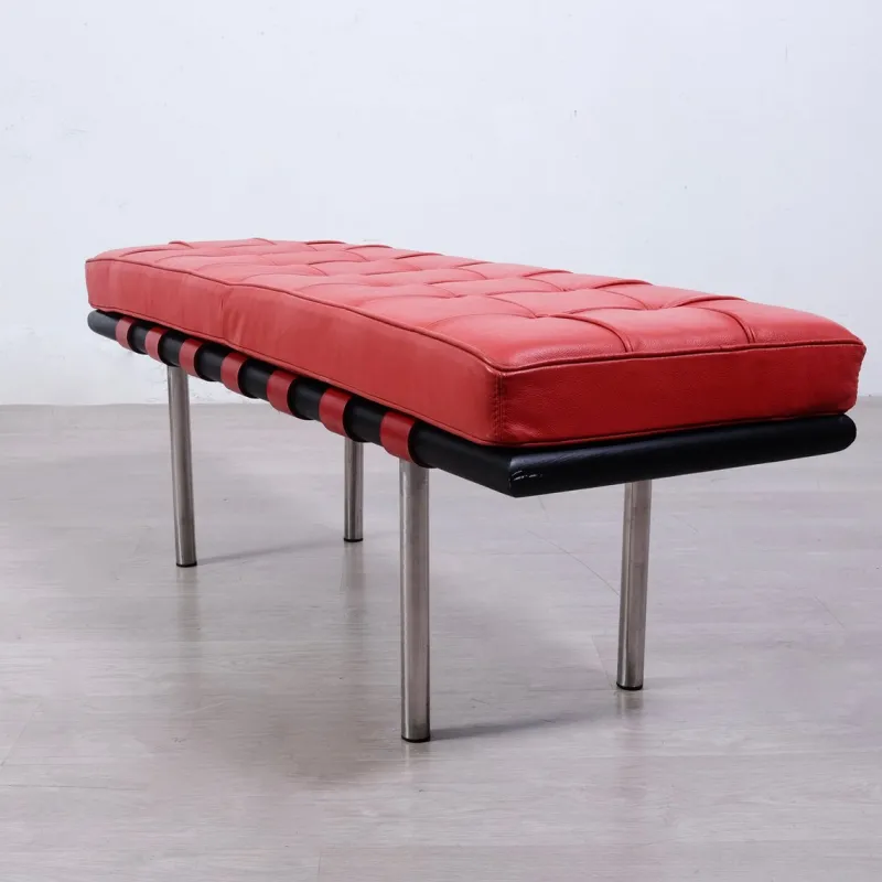 Sale Pamono Barcellona 3-Seater Bench in Red Leather, Wooden Base and Steel Legs