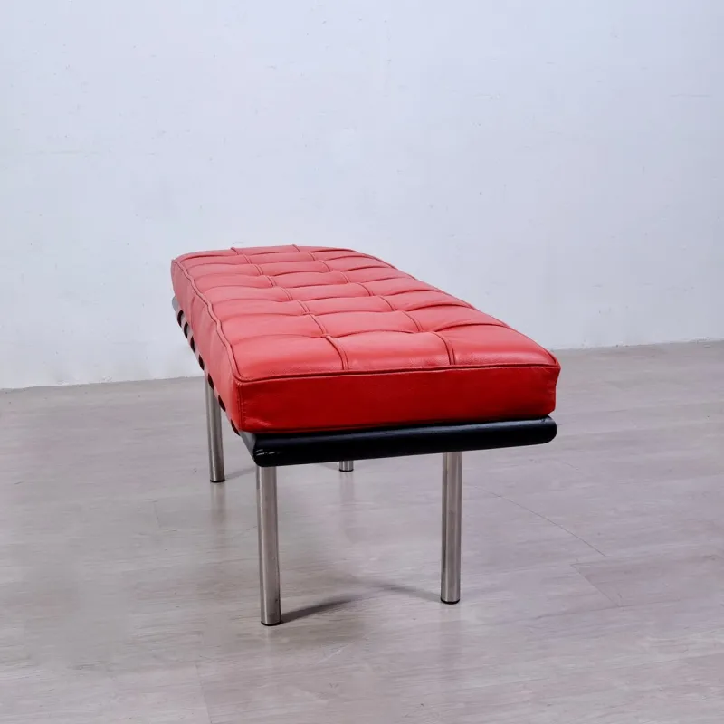 Sale Pamono Barcellona 3-Seater Bench in Red Leather, Wooden Base and Steel Legs