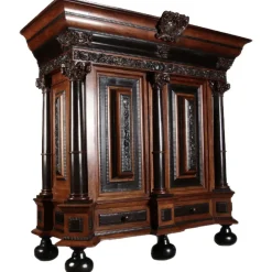 Pamono Baroque Cabinet Amsterdam Schapp, 5 Ebonized Columns, Pillow Fillings, Carved Chapters - Doors - Cornice, Secret Compartment, on High Feet, 1880> Cabinets & Wardrobes