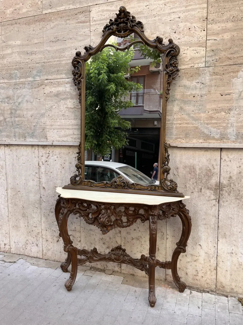 Online Pamono Baroque Console and Mirror in Wood, 1900s, Set of 2