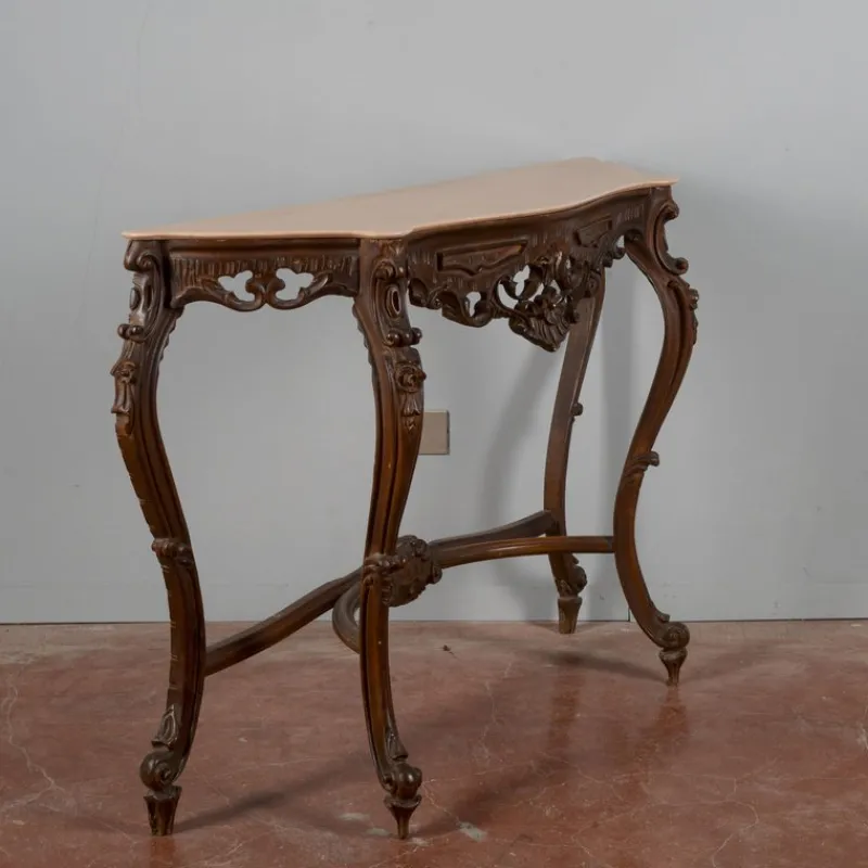 Pamono Baroque Style Carved Console Table with Pink Marble Top, 1960s> Console Tables