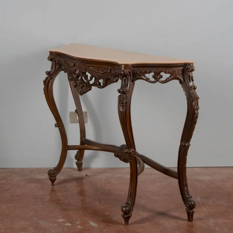 Pamono Baroque Style Carved Console Table with Pink Marble Top, 1960s> Console Tables